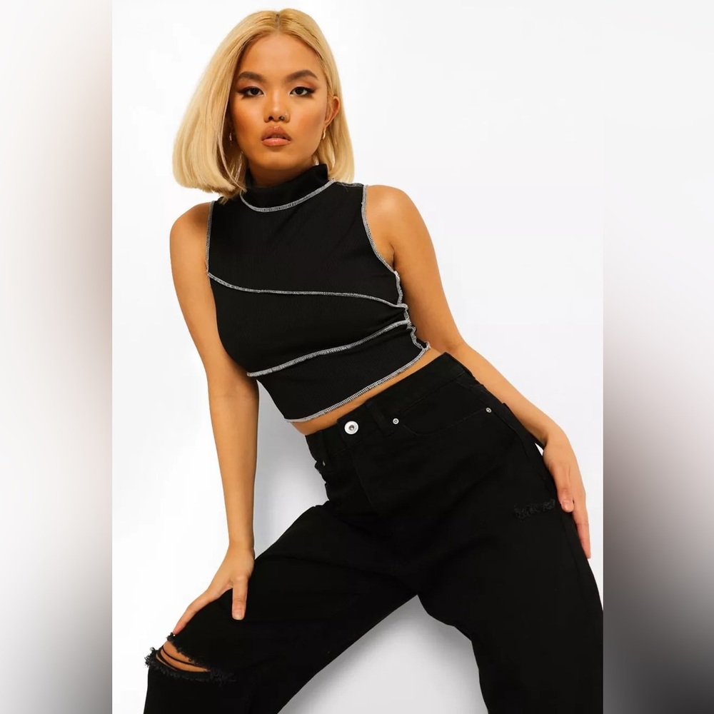 BooHoo Black Petite Contrast Top Stitch High Neck Crop Top Size 2